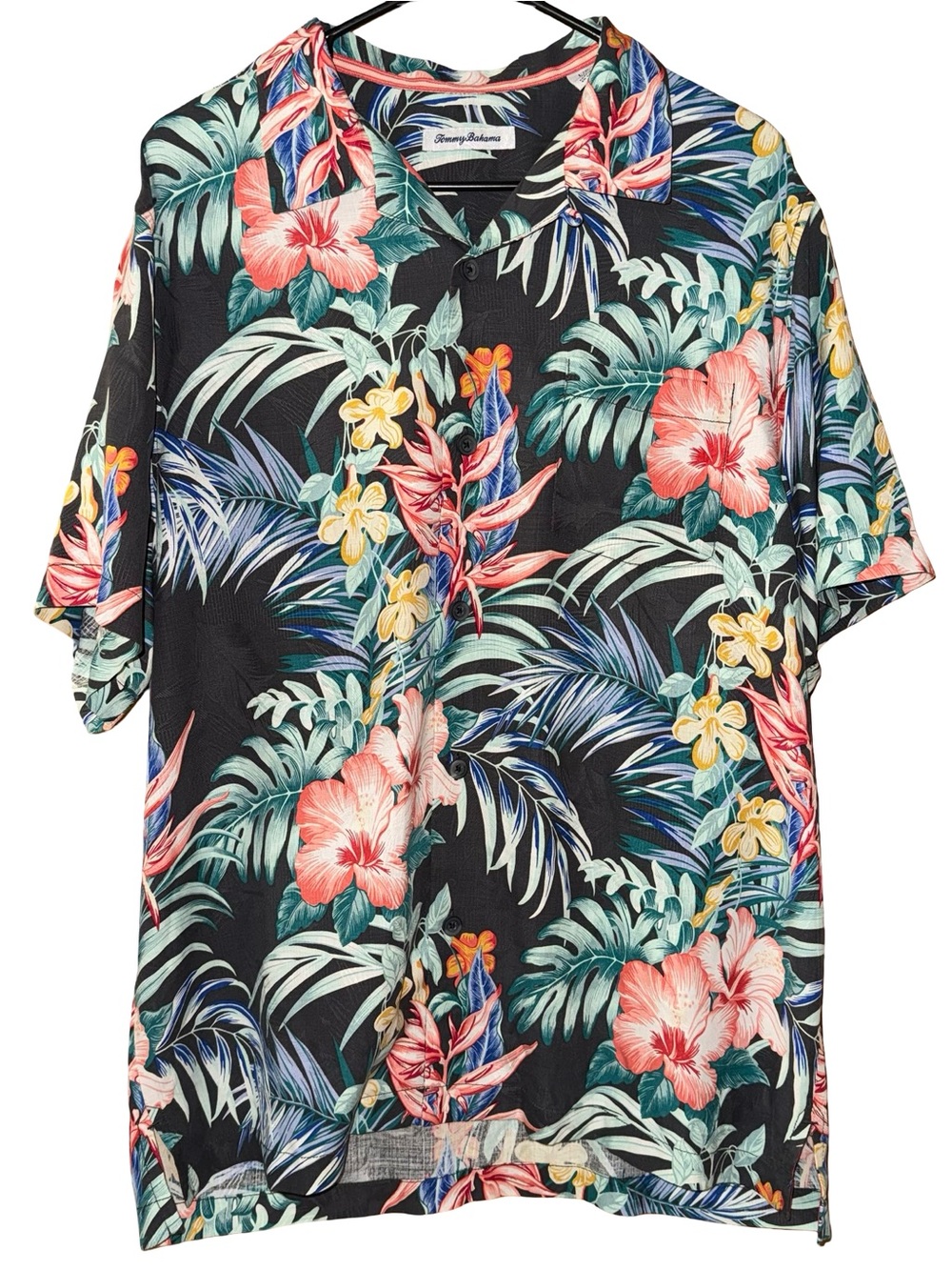 Tommy Bahama Black Tropical Floral Camp Shirt Silk Mens Large ResortWear Island